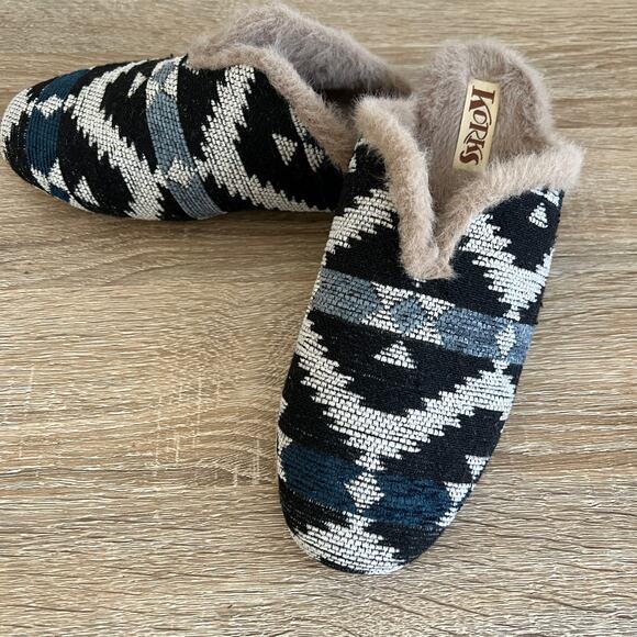 Korks Nile Slipper Mule Tapestry Faux Fur Blue 6M - Picture 1 of 5